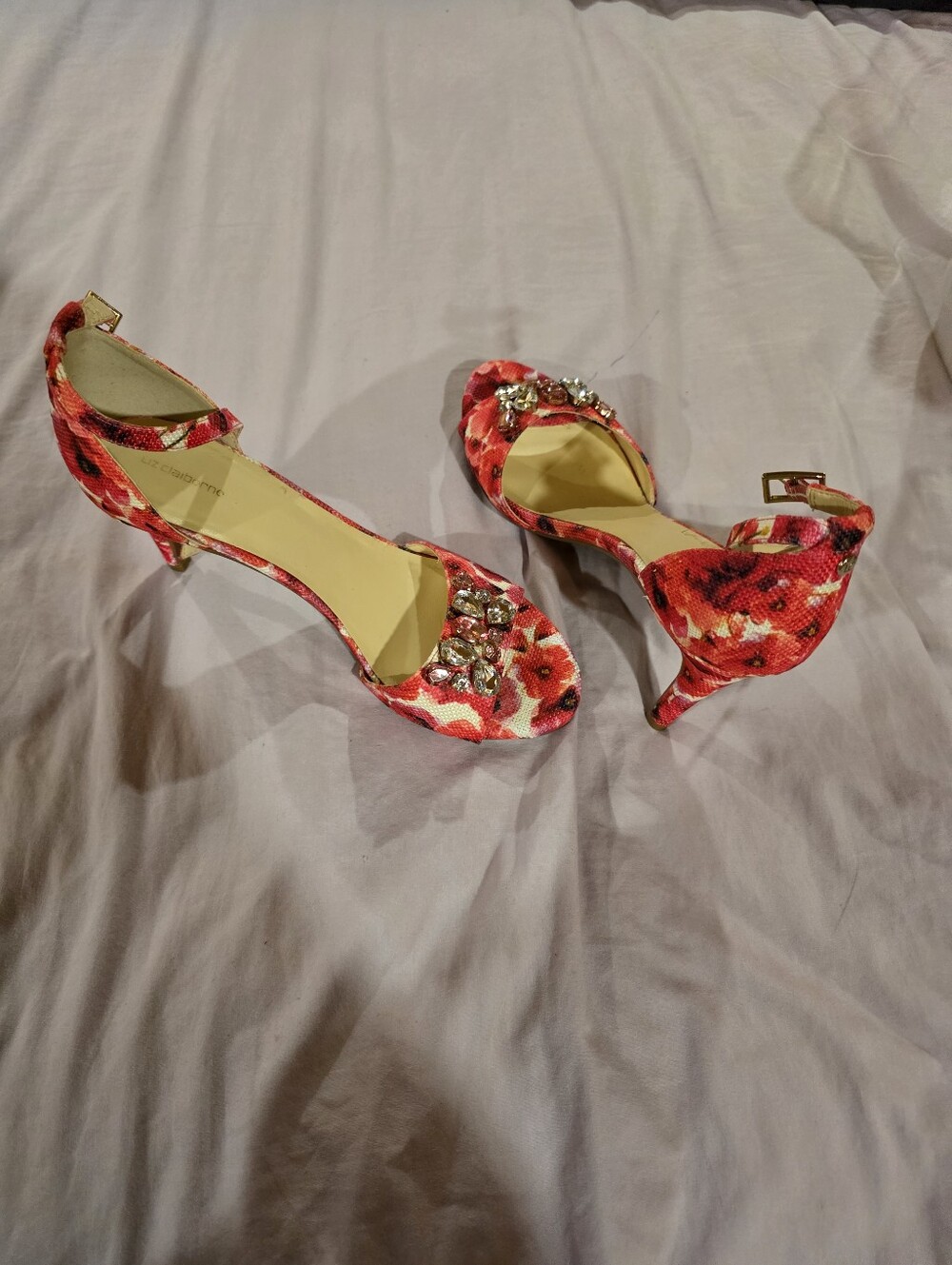 Liz Claiborne Red Floral Open-Toe Heel Sandals with Jewel Accents